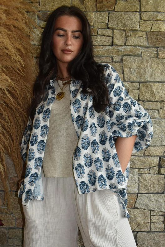 Daughter Of Ibiza Indira Balloon Sleeve Shirt French Navy & Denim 
